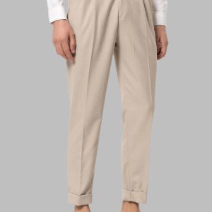 Cream High-Waisted Pleated Men's Trousers With Buckle Detail