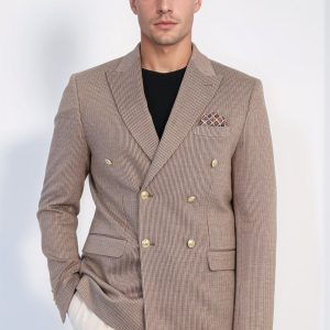 Sand Beige Pinstriped Slim Fit Double-Breasted Blazer With Gold Metal Buttons