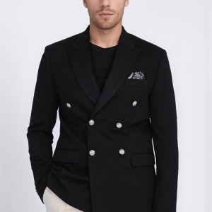 Black Solid Slim Fit Double-Breasted Blazer With Silver Metal Buttons
