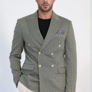 Olive Green Pinstriped Slim Fit Double-Breasted Blazer With Gold Metal Buttons