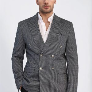 Black Pinstriped Slim Fit Double-Breasted Blazer With Silver Metal Buttons