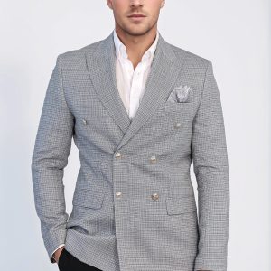 Black Micro-Check Slim Fit Double-Breasted Blazer With Silver Metal Buttons