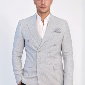 Gray Micro-Check Slim Fit Double-Breasted Blazer With Silver Metal Buttons