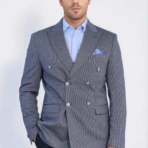 Navy Pinstriped Slim Fit Double-Breasted Blazer With Silver Metal Buttons