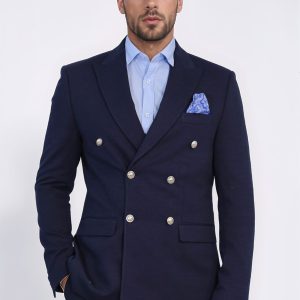 Navy Blue Solid Slim Fit Double-Breasted Blazer With Silver Metal Buttons