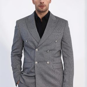 Anthracite Pinstriped Slim Fit Double-Breasted Blazer With Silver Metal Buttons