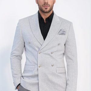 Gray Pinstriped Slim Fit Double-Breasted Blazer With Silver Metal Buttons