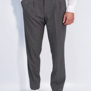 Anthracite Double-Pleated High-Waisted Slim Fit Trousers With Side Buckles