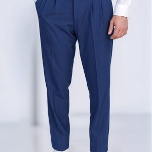 Sapphire Blue Double-Pleated High-Waisted Slim Fit Trousers With Side Buckles