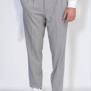 Gray Double-Pleated High-Waisted Slim Fit Trousers With Side Buckles