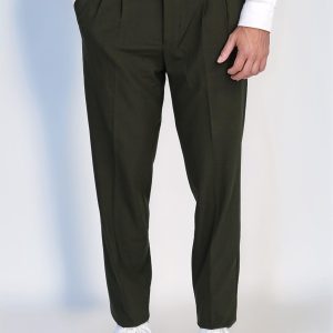 Khaki Double-Pleated High-Waisted Slim Fit Trousers With Side Buckles