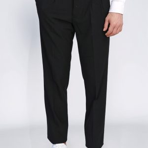 Black Double-Pleated High-Waisted Slim Fit Trousers With Side Buckles