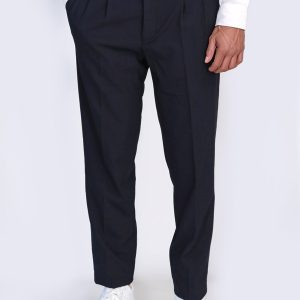 Navy Double-Pleated High-Waisted Slim Fit Trousers With Side Buckles