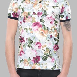 Polo Neck Floral Pattern Green T-Shirt