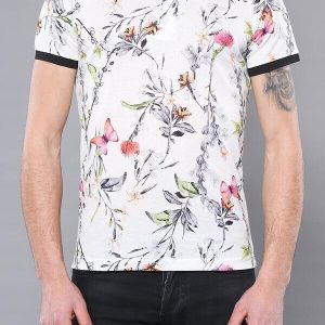 Polo Neck Floral Pattern Yellow T-Shirt