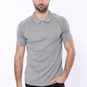 Polo Zippered Patterned Grey Knitted T-Shirt