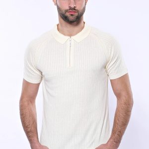 Polo Zippered Patterned Cream Knitted T-Shirt