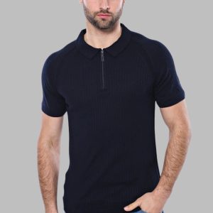 Patterned Tricot Knitted Navy Blue Men T-Shirt