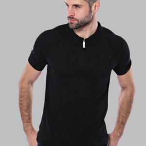 Polo Zippered Patterned Black Knitted T-Shirt
