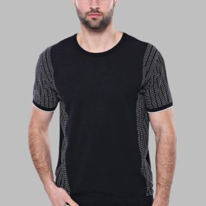 Circle Neck Patterned Black Knitted T-Shirt