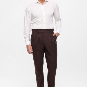 Men's Brown Wool Look High Waist Pleated Pants